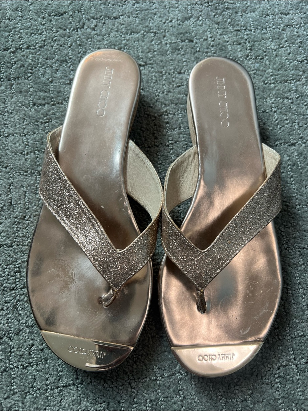 Jimmy Choo Rose Gold Glitter Thong Sandals